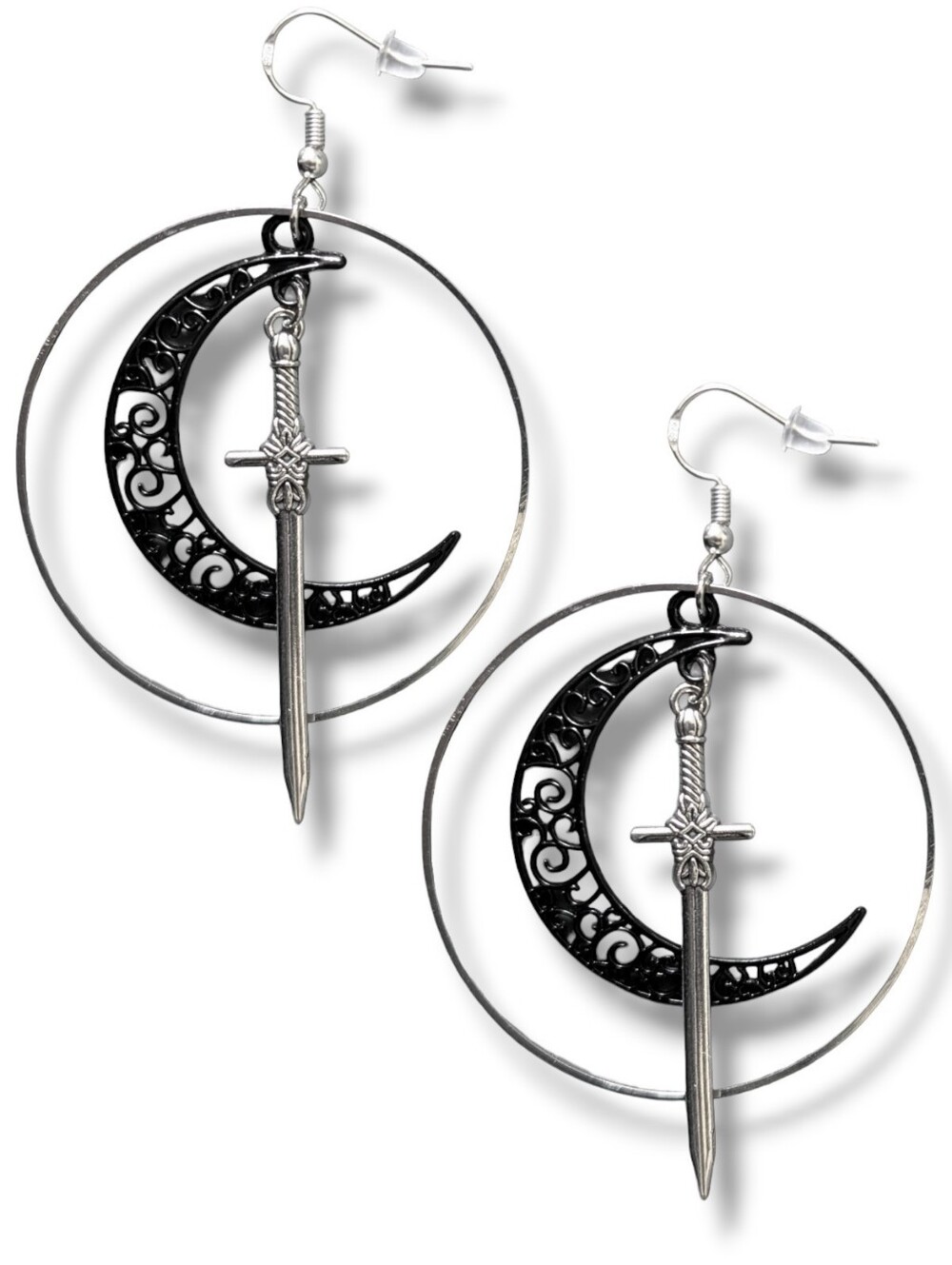 NWT Handmade Black Crescent Moon Silver Sword Hoop Earrings